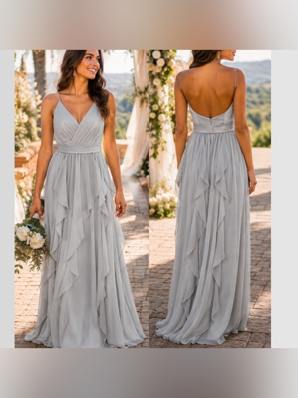 White by Vera Wang S 4 Silver Chiffon Cascade Ruffle Bridesmaid Maxi Gown Dress